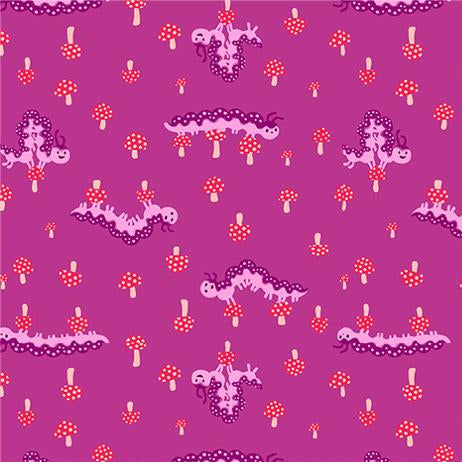 Patterned fabric with cartoonish caterpillars and mushrooms on a purple background,