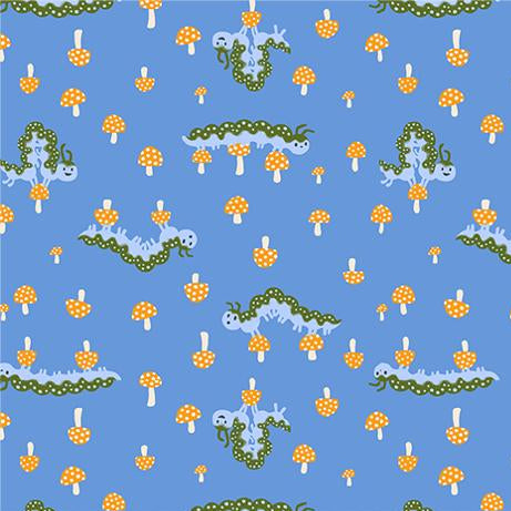 Pattern of caterpillars and mushrooms on a blue background 