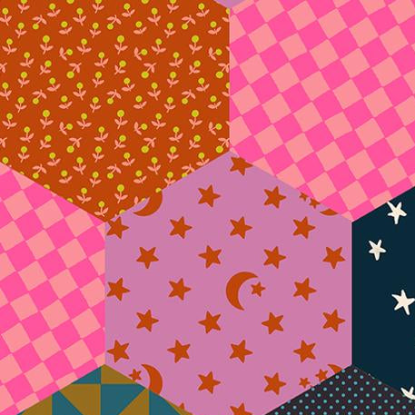 Patchwork fabric with various patterns including stars, checkered, and floral designs 