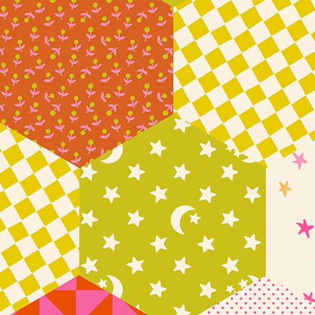 Fabric swatch with colorful patterns including stars, checkered, and geometric designs 