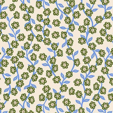 Fabric with green floral pattern on a beige background