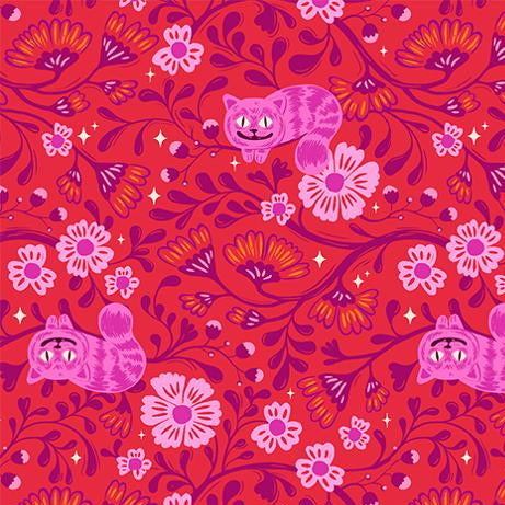 Fabric with pink cats and flowers on a red background.