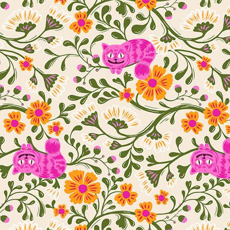 Fabric pattern with pink cat-like creatures and orange flowers on a beige background.