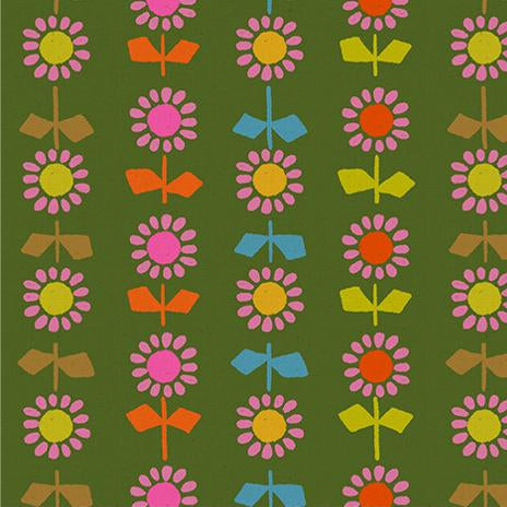 Patterned fabric with colorful flowers on a green background, featuring Ruby Star Society label.