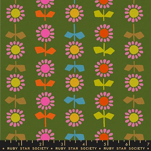 Patterned fabric with colorful flowers on a green background, featuring Ruby Star Society label.