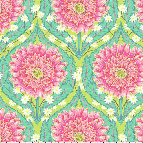Pattern of pink flowers with green leaves on a fabric background