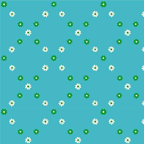 Floral pattern with white flowers and green leaves on a blue background