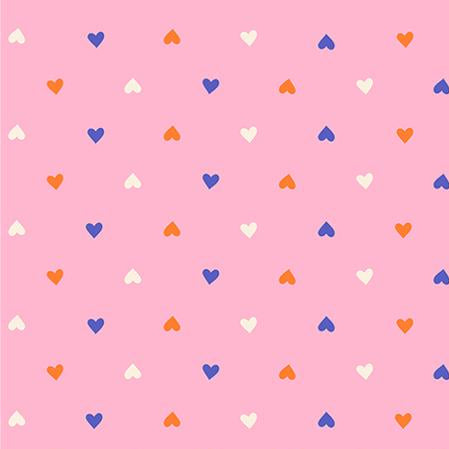 Pattern of colorful hearts on a pink background 