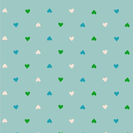 Pattern of small hearts in green, blue, and white on a light blue background 