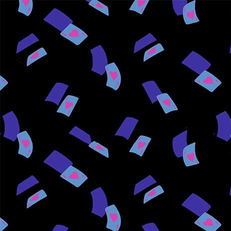 Patterned fabric with blue and purple shapes on a black background,
