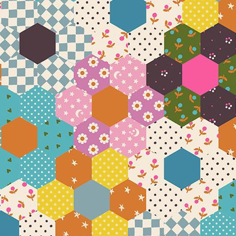 Hexagonal pattern fabric with colorful geometric shapes and floral designs