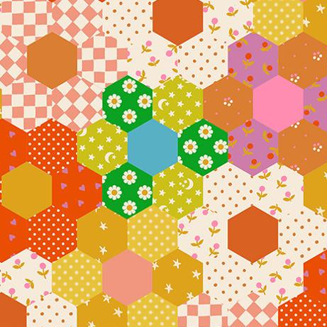 Colorful hexagonal pattern with flowers and polka dots on a beige background