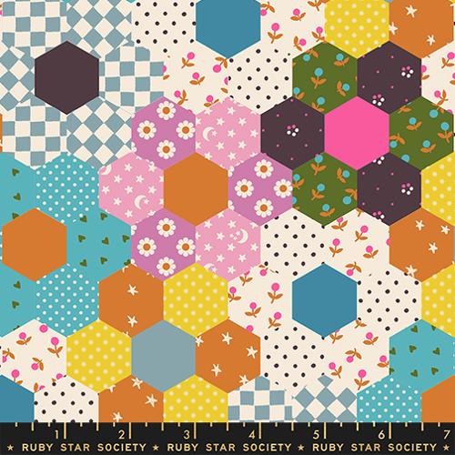 Hexagonal pattern fabric with colorful geometric shapes and floral designs, featuring Ruby Star Society branding.