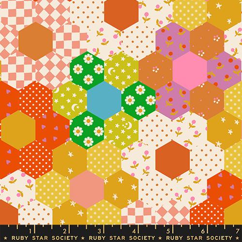 Hexagonal pattern fabric with colorful shapes and patterns, featuring Ruby Star Society branding.