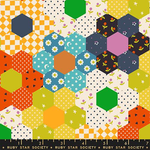 Colorful hexagonal pattern fabric with various shapes and patterns on a white background, featuring Ruby Star Society branding.