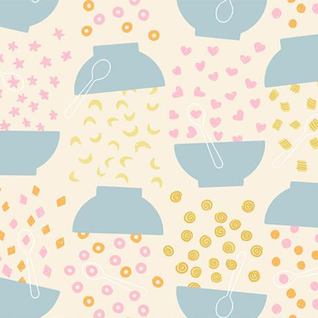 Fabric pattern with blue bowls, pink hearts, and yellow shapes on a beige background