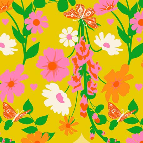 Colorful floral pattern with butterflies on a yellow background