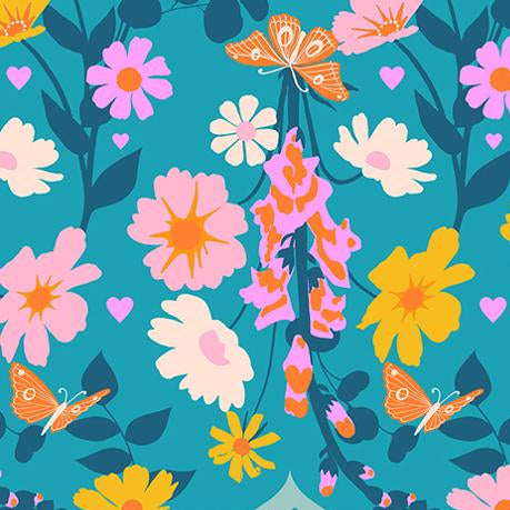 Floral and butterfly pattern on a blue background 