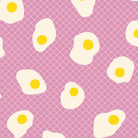 Pattern of fried eggs with yellow yolks on a pink background with a grid