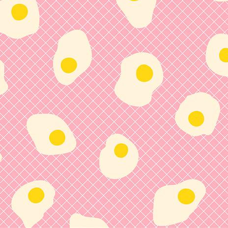 Pattern of white eggs with yellow yolks on a pink background with a grid
