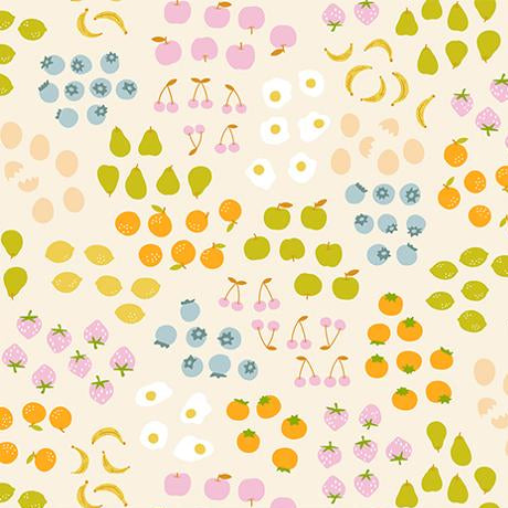 Patterned fabric with fruits and vegetables on a beige background