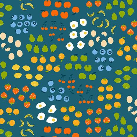 Patterned fabric with fruits, vegetables, and eggs on a blue background,