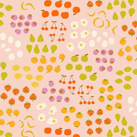 Patterned fabric with fruits and vegetables on a pink background