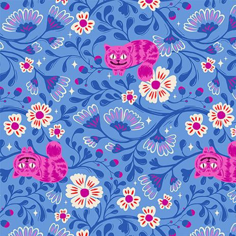 Fabric pattern with pink cats and flowers on a blue background.