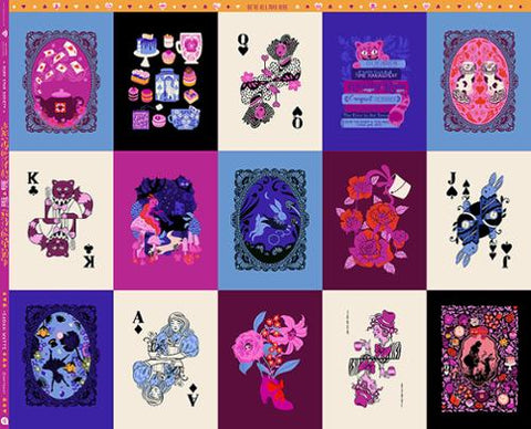 Grid of playing card designs with colorful and artistic illustrations on a purple background.