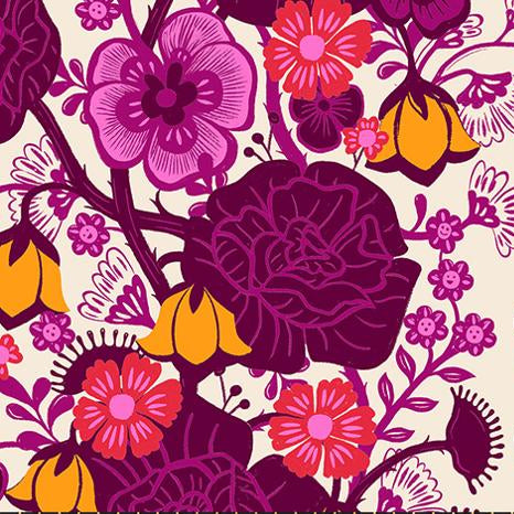 Colorful floral pattern with purple, pink, and orange flowers on a beige background.