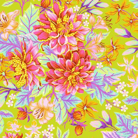 Colorful floral pattern with pink, yellow, and purple flowers on a green background
