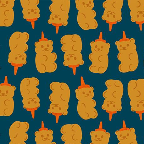 Pattern of teddy bear honey jars on a blue background 