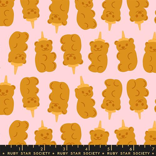 Pattern of brown bear-shaped ice cream bars with honeycombs on a pink background, featuring Ruby Star Society label.