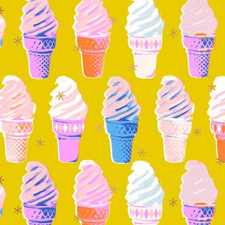 Pattern of colorful ice cream cones on a yellow background 