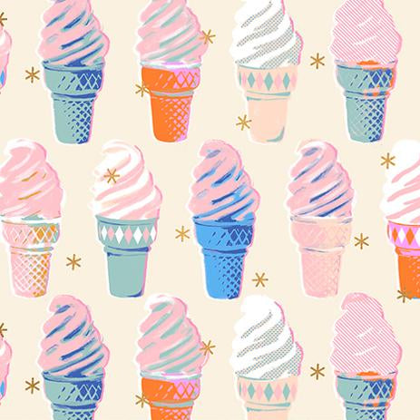 Pattern of colorful ice cream cones on a beige background with gold stars,
 branding.