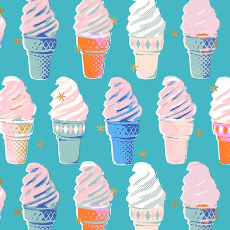 Pattern of ice cream cones with pink and blue swirls on a teal background, featuring the Ruby Star Society label.