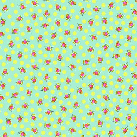 Pattern of colorful flowers and yellow polka dots on a teal background