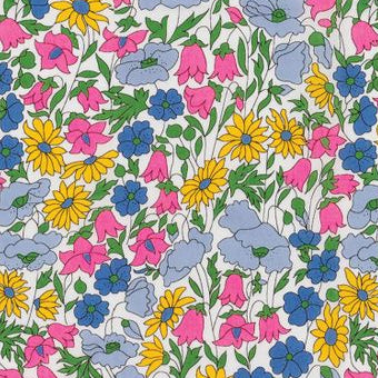 A close-up of a floral fabric pattern with yellow daisies, pink bell-shaped flowers, blue flowers, and light blue clouds on a white background