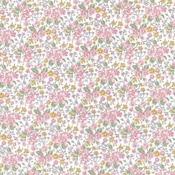 A repeating floral pattern with small pink flowers, green leaves, and yellow accents on a white background.