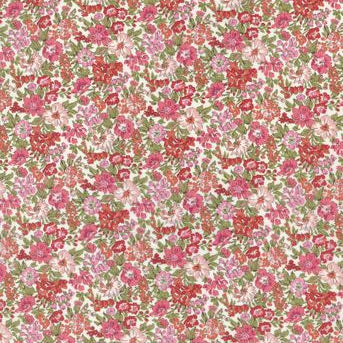 A dense, all-over floral print featuring pink and red flowers with green leaves on a warm off-white background.