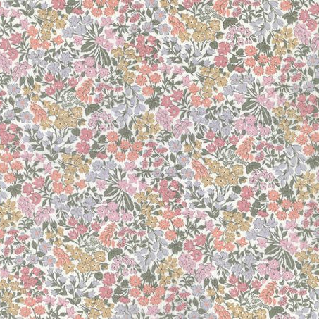A close-up of a repeating floral pattern with small pink, peach, yellow, lavender, and gray flowers on a white background.