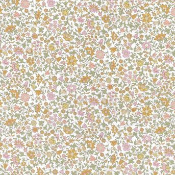 A dense, all-over floral pattern with small pink, peach, yellow, and muted green flowers on a white background.