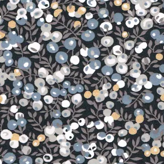 Floral pattern with small flowers in blue, white, and yellow on a dark background