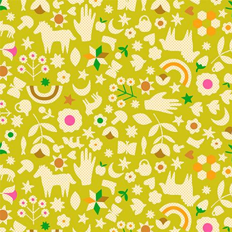 Patterned fabric with various shapes and colors on a green background