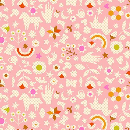 Patterned fabric with various shapes and colors on a pink background