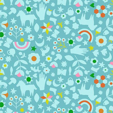 Colorful pattern with animals, flowers, and abstract shapes on a blue background