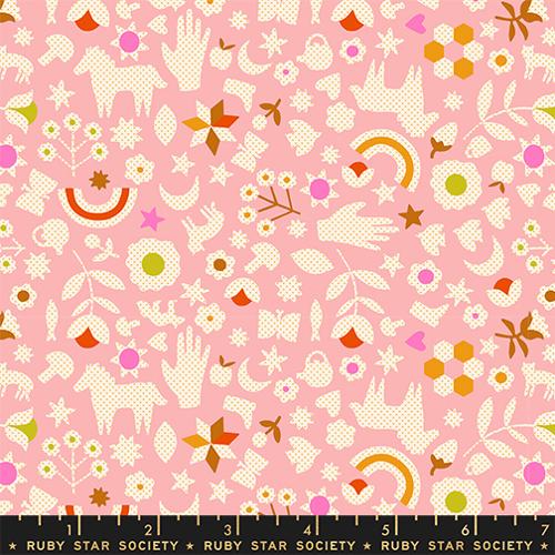 Patterned fabric with various shapes and colors on a pink background, featuring Ruby Star Society branding.