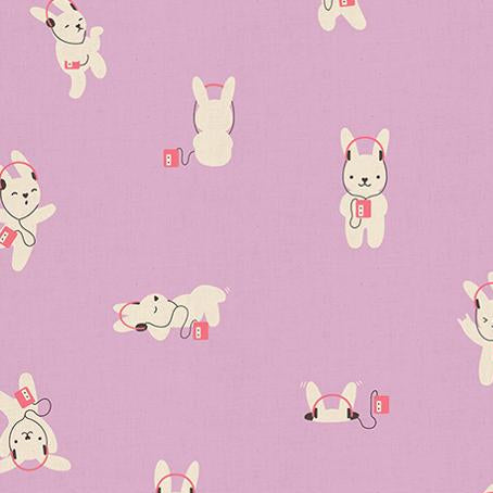 Pattern of cartoon dogs with headphones on a purple background, 