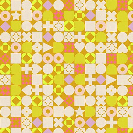 Patterned fabric with geometric shapes on a yellow background