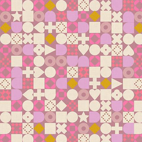 Patterned fabric with geometric shapes on a pink background